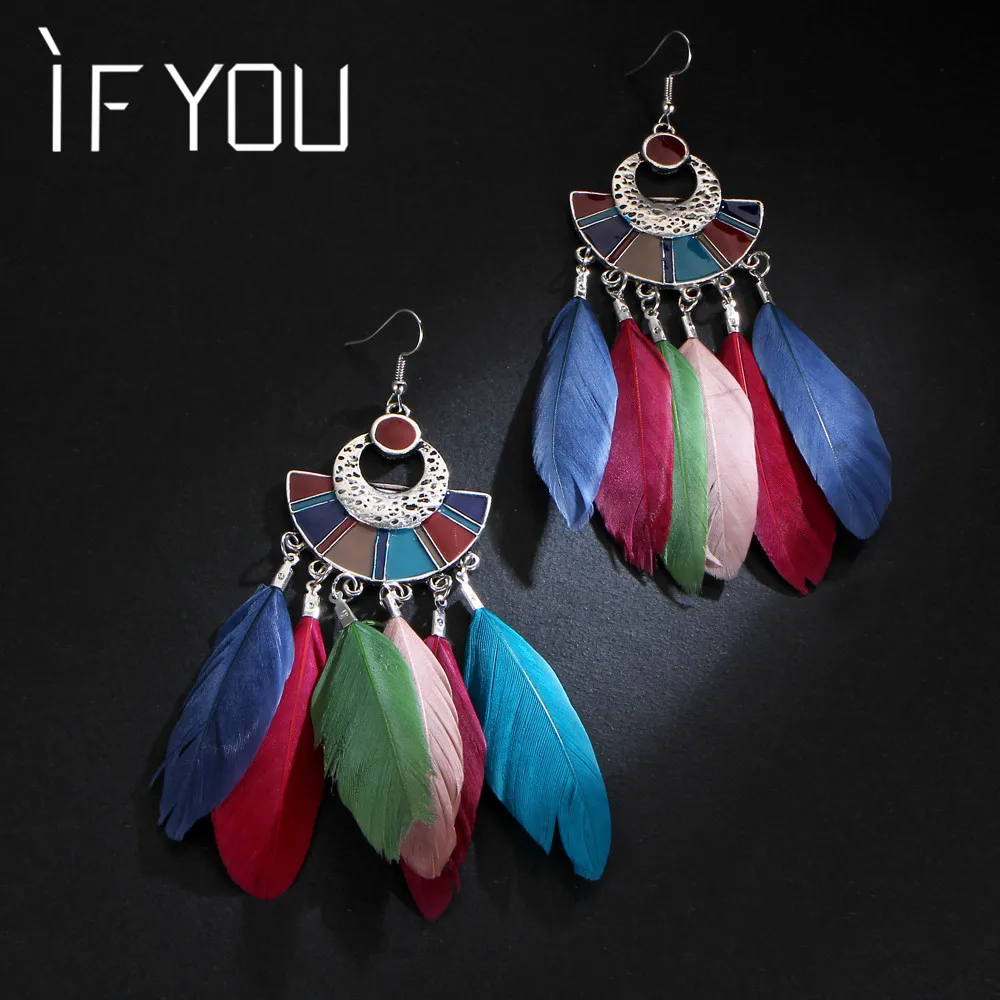 

IF YOU New Long Bohemian Feather Dangle Earrings for Women Fashion Big Statement Chandelier Drop Earrings Tassel bijoux Gift
