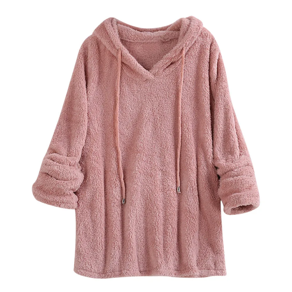 Autumn Winter Warm Plush Hooded Women Solid Long Sleeve Sweatshirts