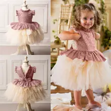 Платье с цветочным узором и блестками для девочек, кружевные вечерние платья принцессы для маленьких девочек, платье подружки невесты на свадьбу