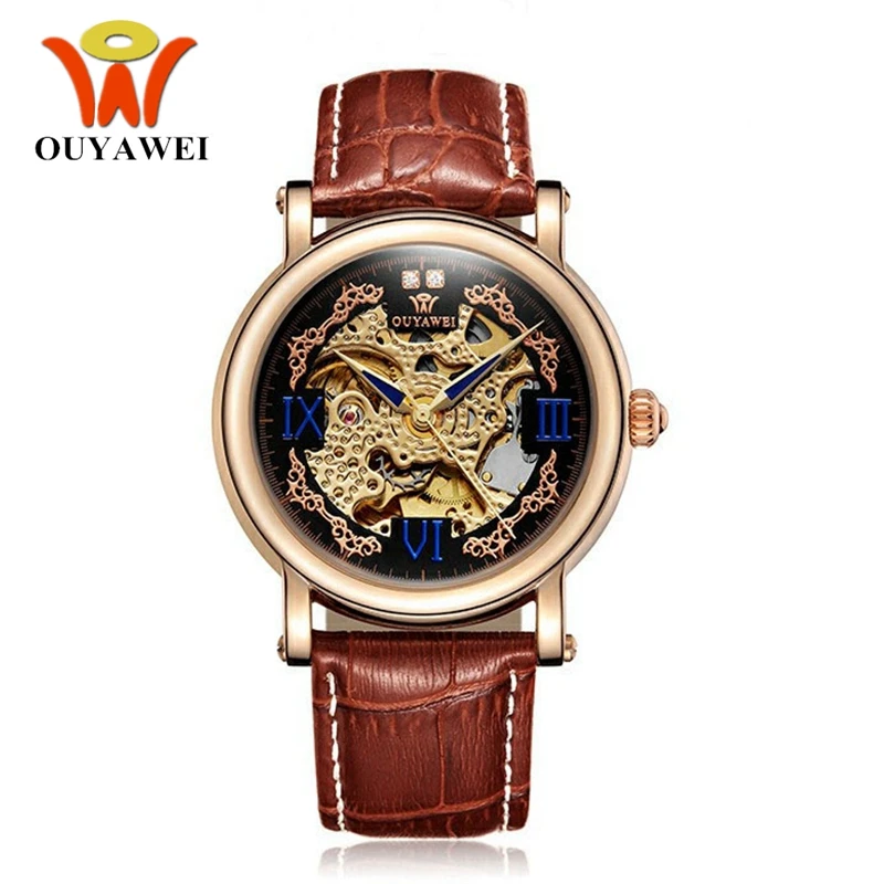 

OYW Luxury Brand Rose Golden Mens Male Skeleton Self Wind Mechanical Watch Leather Strap Man Hombre Fashion Business Wristwatch