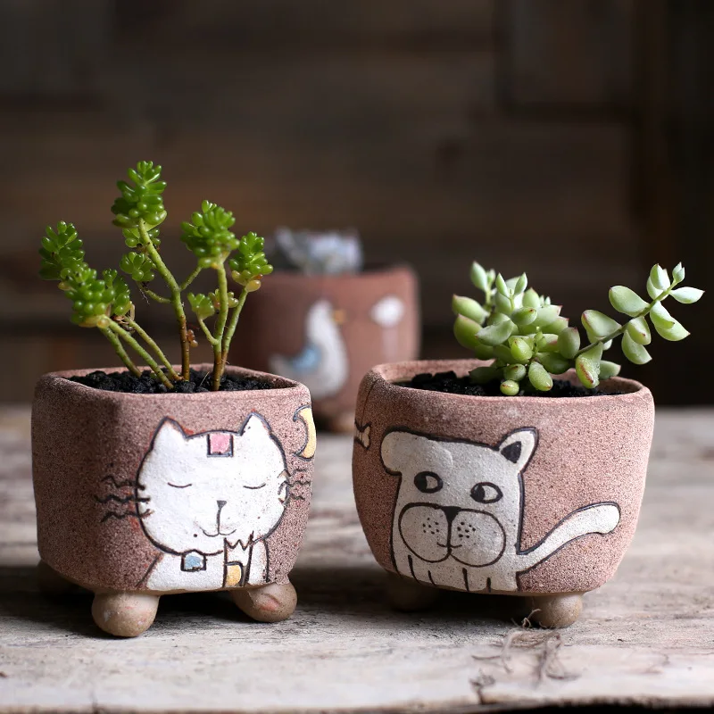 Creative Retro Multi-meat Pot Green Plant Pot Personality Ceramic Pot Grinding Sand Breathable Clay Meat Small Pot