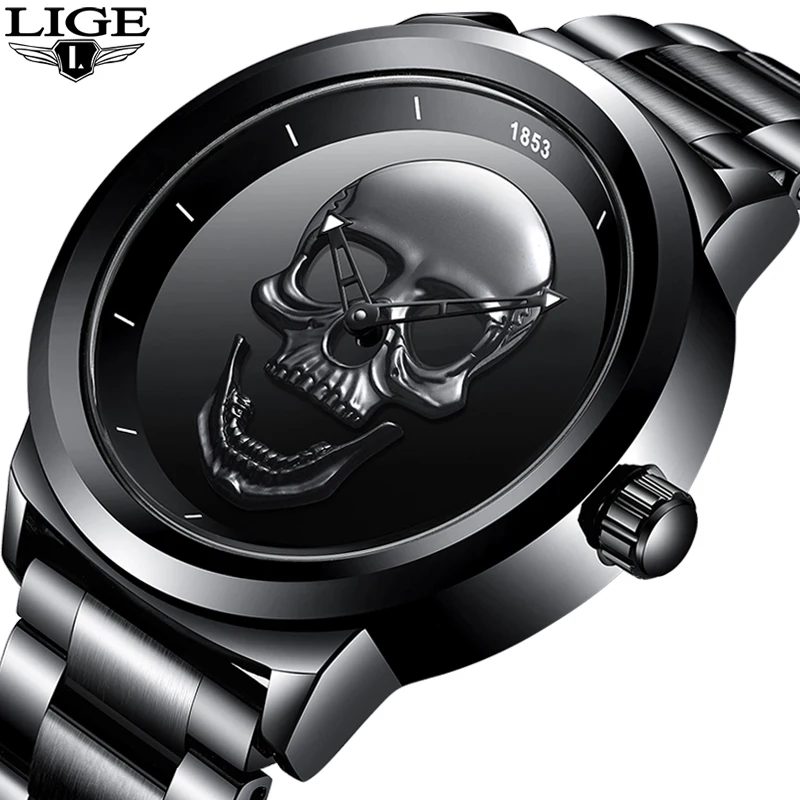 Relogio masculinLIGE Men Skull Watch Brand Luxury Stainless Steel Quartz Watches mens Business Fashion Waterproof Retro Clock