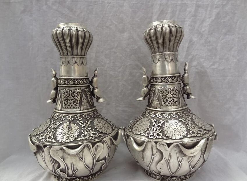 

song voge gem S4160 14" Chinese Silver Buddhist Auspicious Lotus Root Pray Statue Leaf Vase Pot Pair