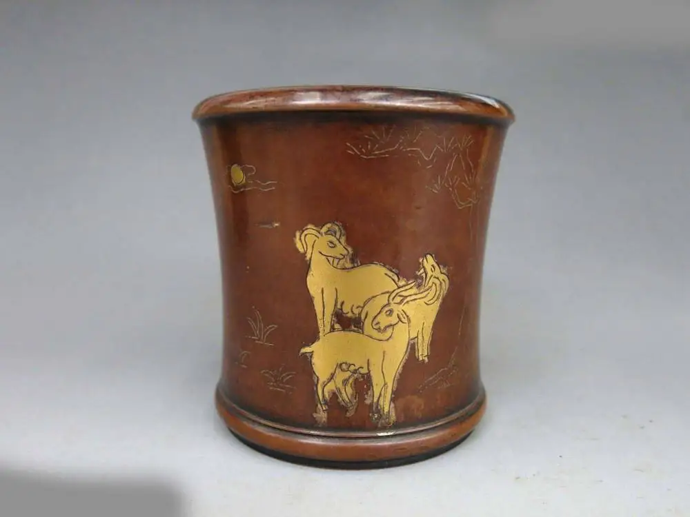 

China pure red copper carved lucky Simple three sheep bat Brush Pot Statue A(0505)