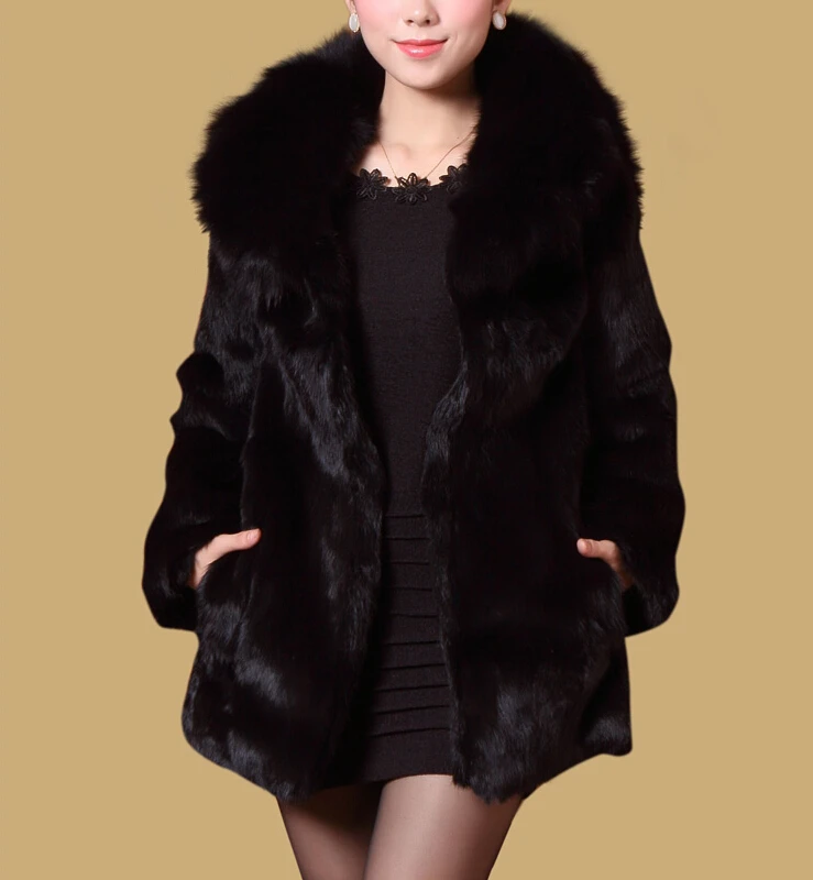 Новое поступление модное натуральное пальто из кроличьего меха с роскошным воротником из лисьего меха Женское пальто TFP653