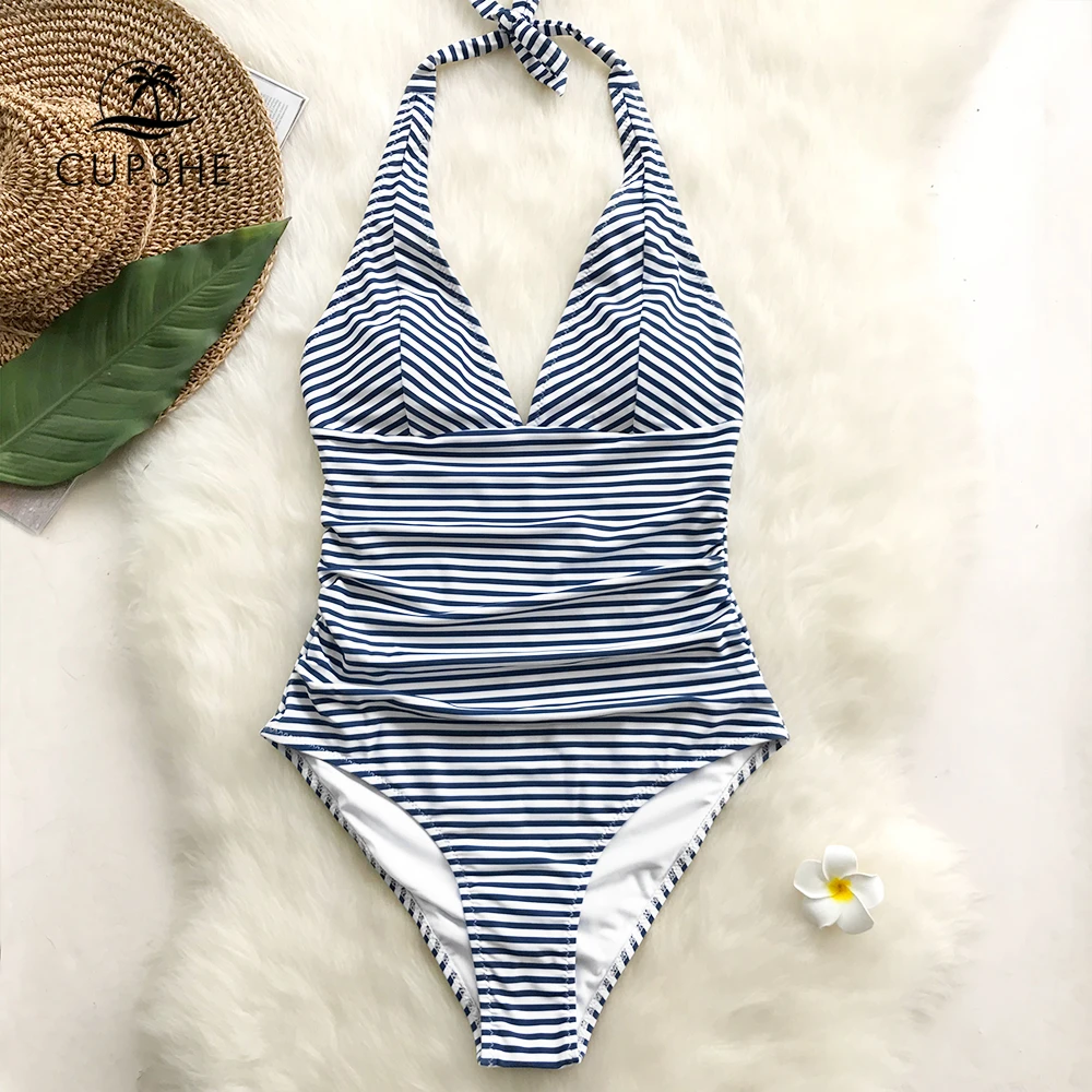 Женский раздельный купальник CUPSHE темно синий и белый полосатый с v образным