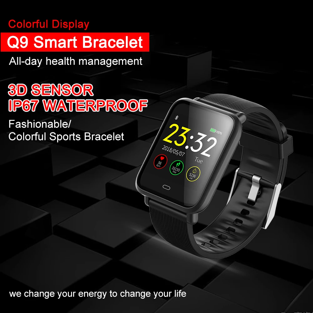 

New Arrival Q9 Blood Pressure Heart Rate Monitor Smart Wristband IP67 Waterproof Sport Fitness Trakcer Watch Men OLED Touchpad