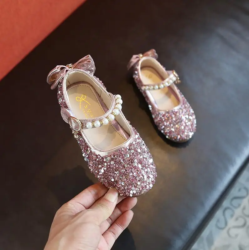 Детская обувь для девочек; Летние мокасины с блестками для принцессы; свадебные детские сандалии; цвет розовый, золотой, серебряный; обувь для малышей с жемчугом - Цвет: Розовый