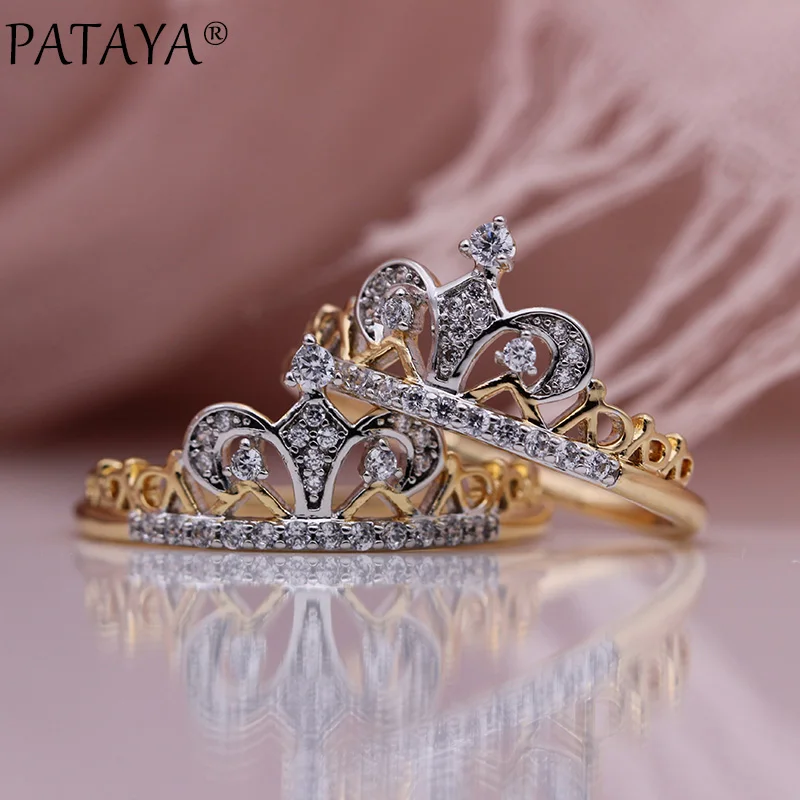 

PATAYA New Two-tone Crown Rings 585 Rose Gold White Natural Zircon Women Ring Party Wedding Fine Fashion Jewelry Three Styles