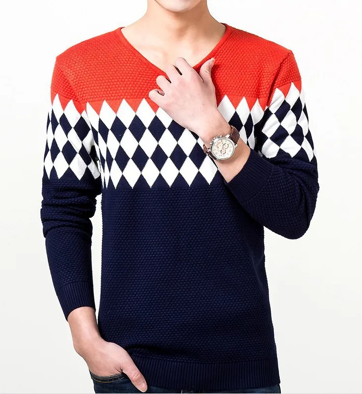 

2019 Fashion Striped Sweater Men Warm Long Sleeve V Neck Winter Clothes for Male Fashion Slim Fit Print Pullover Sweater