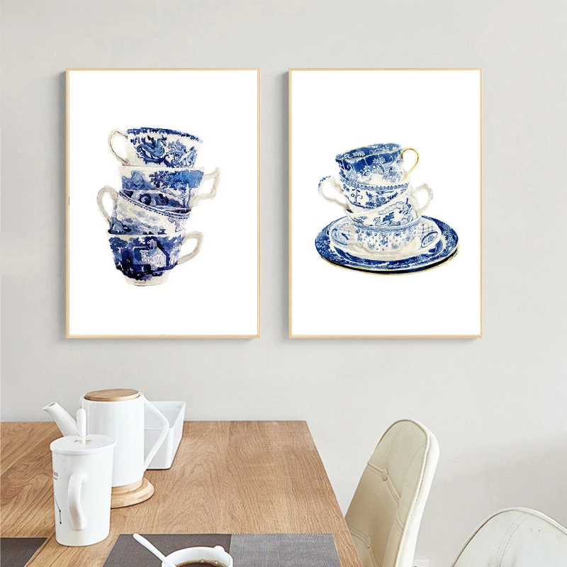 

Vintage Tea Cups Watercolor Art Prints Blue White Willow Tea Cup China Art Canvas Painting Wall Art Pictures Poster Home Decor