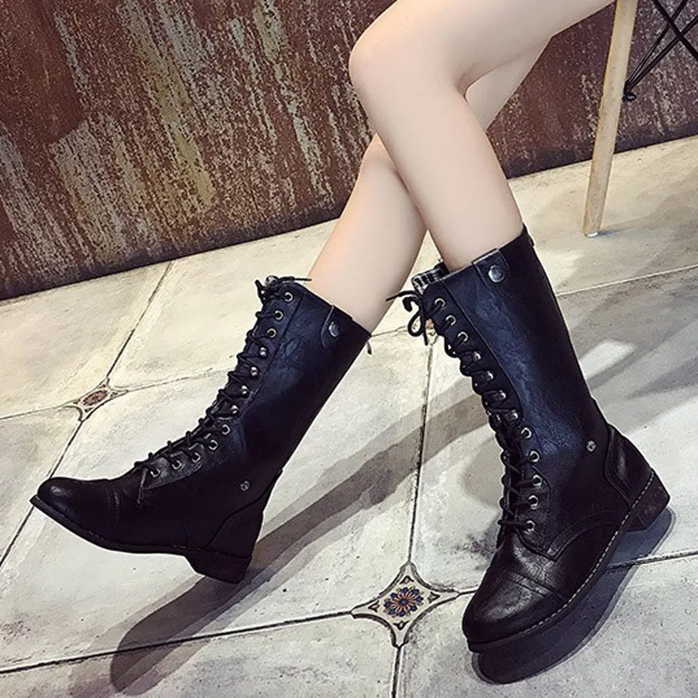 

Women Winter Boots Leather Boot Low Heel 2019 Fashion Gothic Punk Highstreet Cross Tied Mid Tube Shoes Western Botas Mujer Warm