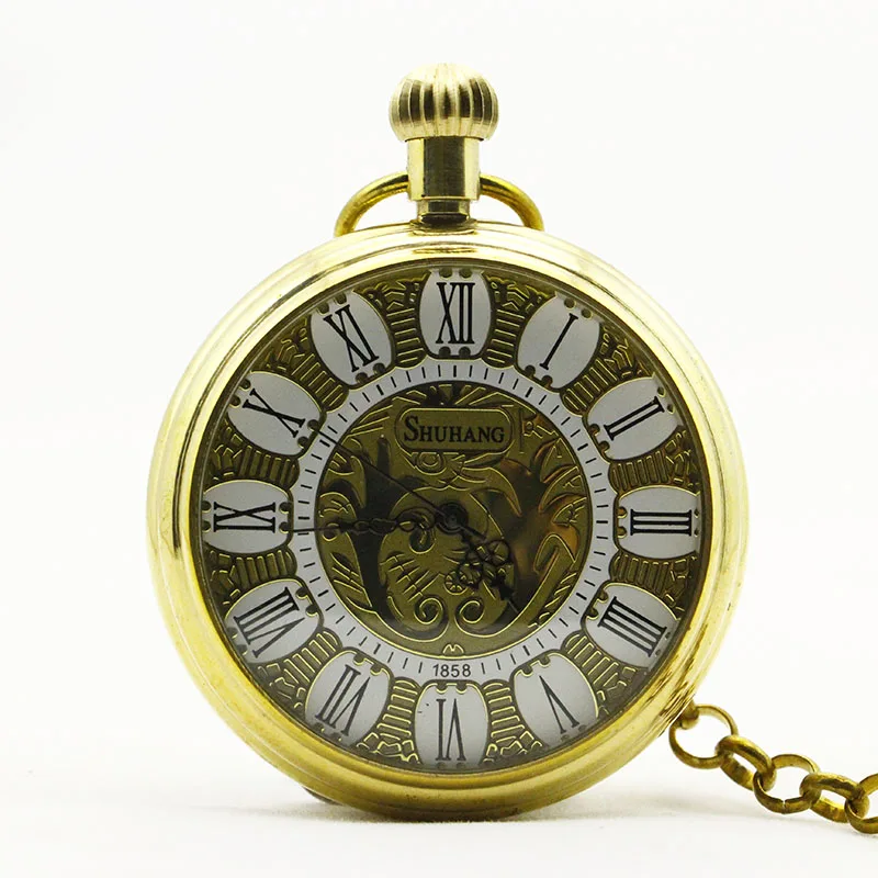 1038 Gold Luxury Brand Mechanical Pocket font b Watch b font Roman Numerals Skeleton font b