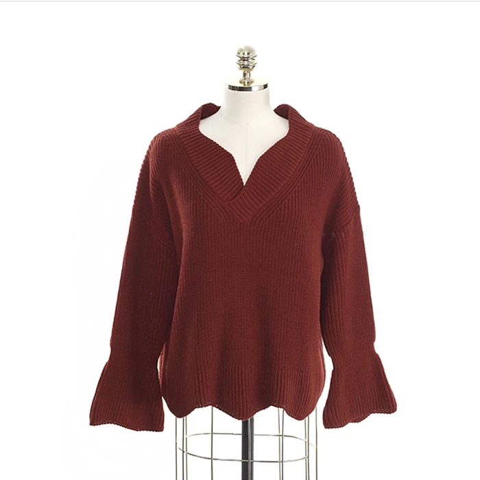 Женский вязаный свитер с v-образным вырезом и расклешенными рукавами, уютный джемпер, Пуловеры на осень и зиму, Топы