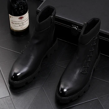 

British fashion men party nightclub dress black cow leather booties pointed toe motorcycle ankle boots bota masculina mans shoes