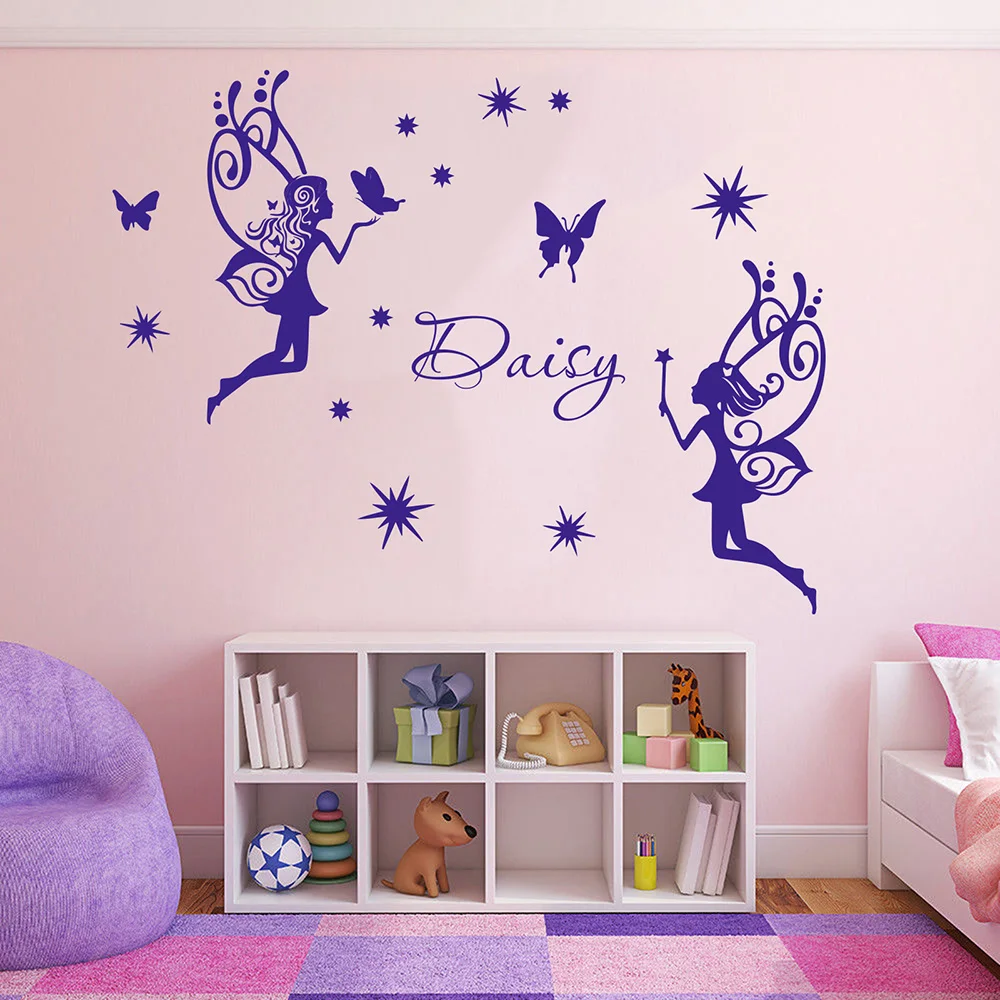 Custom Name Fairy 2 Angels Star Wall Decals Girl Room Kids Room Cartoon Fairy Angels Star Wall Sticker Bedroom Art Vinyl Decor (3)