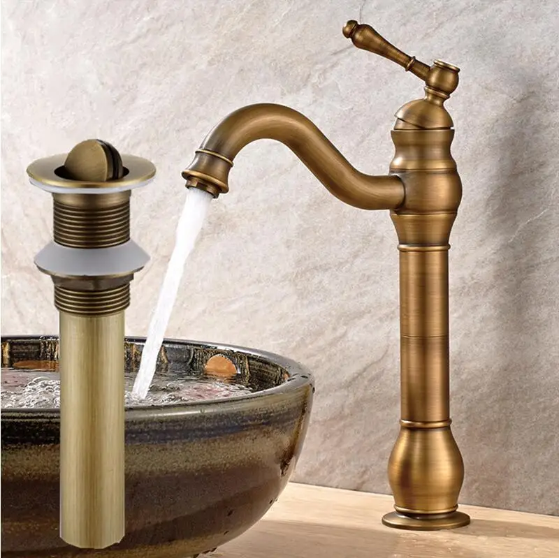 Günstig Kostenloser versand Antike bronze hohe kupfer bad becken wasserhahn einzigen handgriff heißen und kalten wasser Europäischen stil