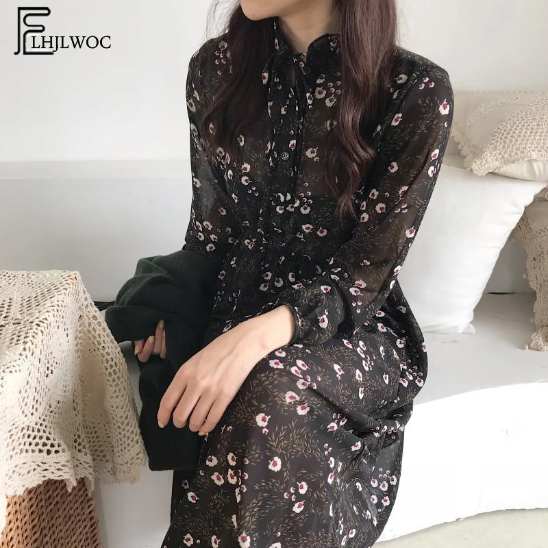 

2019 Spring Basic Dress Long Women Korean Style Design Slim Waist A Line Turtleneck Floral Printed Vintage Bow Tie Shirt Dress