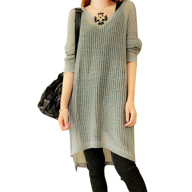 

Long-sleeved knit sweater dress slit spring long pullover women new Korean loose pull thin hollow jumper dresses vestidos LXJ066