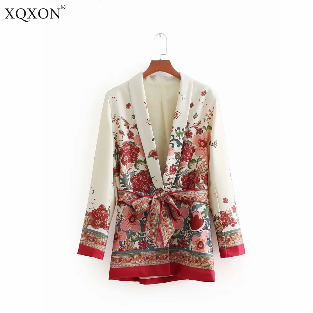 

2019 Women Vintage Retro Red Floral Print Kimono blazer Suit jacket ladies waist bowknot sashes Outwear business casual Coat