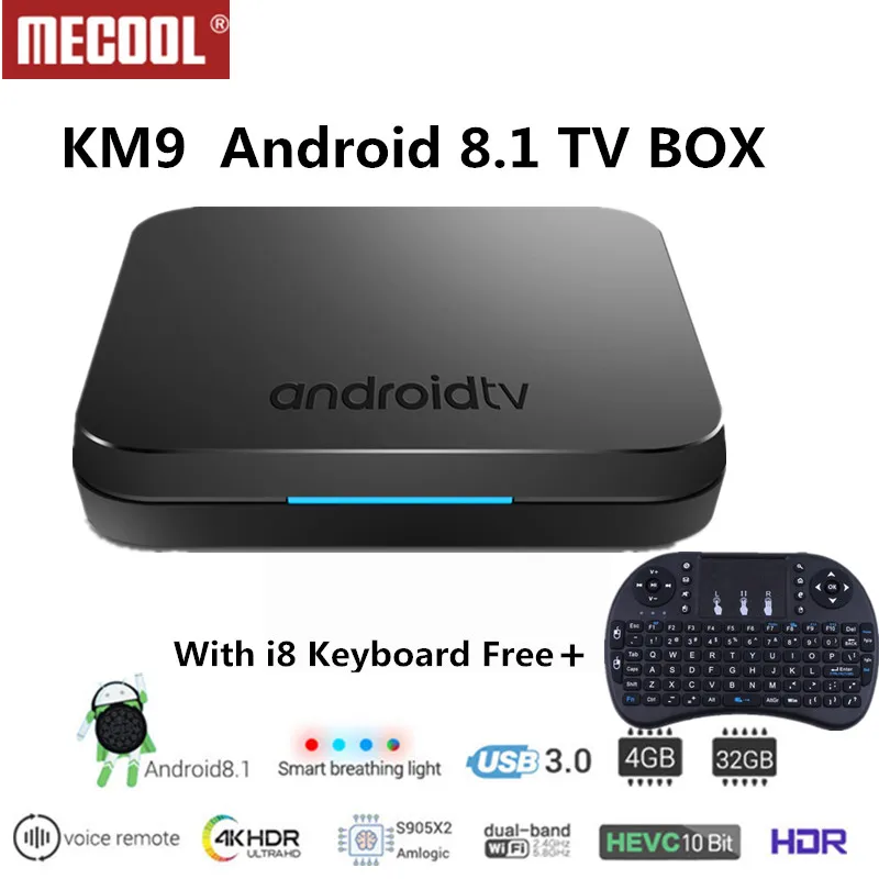 

MECOOL KM9 Android 8.1 IPTV Box 4G RAM 32G ROM Voice control Android TV Box with USB 3.0 Smart beating light 4k HDR Smart TV Box