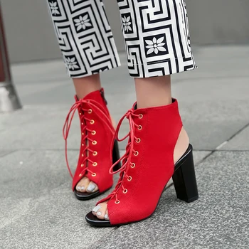 

Black Red Open Toe High Heels Sandals Women Block Heel Sandals Fashion Lace Up Summer Casual Shoes Army Green Dropshipping