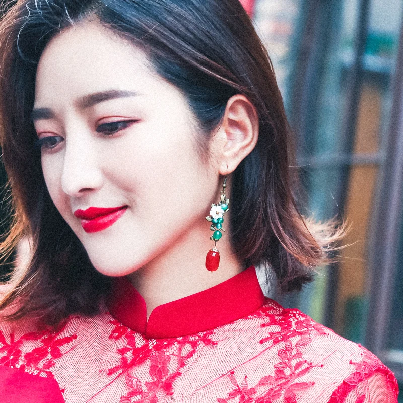 

super fairy long, earring, female temperament, Korean personality, wild natural stone, copper ear hook, earring ear jewelry.