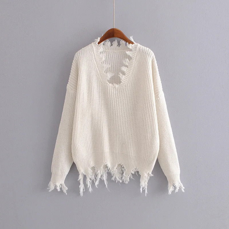 MY118 Korean Fashion Ripped Tassels Deco Streetwear Sweater Women V Neck Long Sleeve Chic Match 