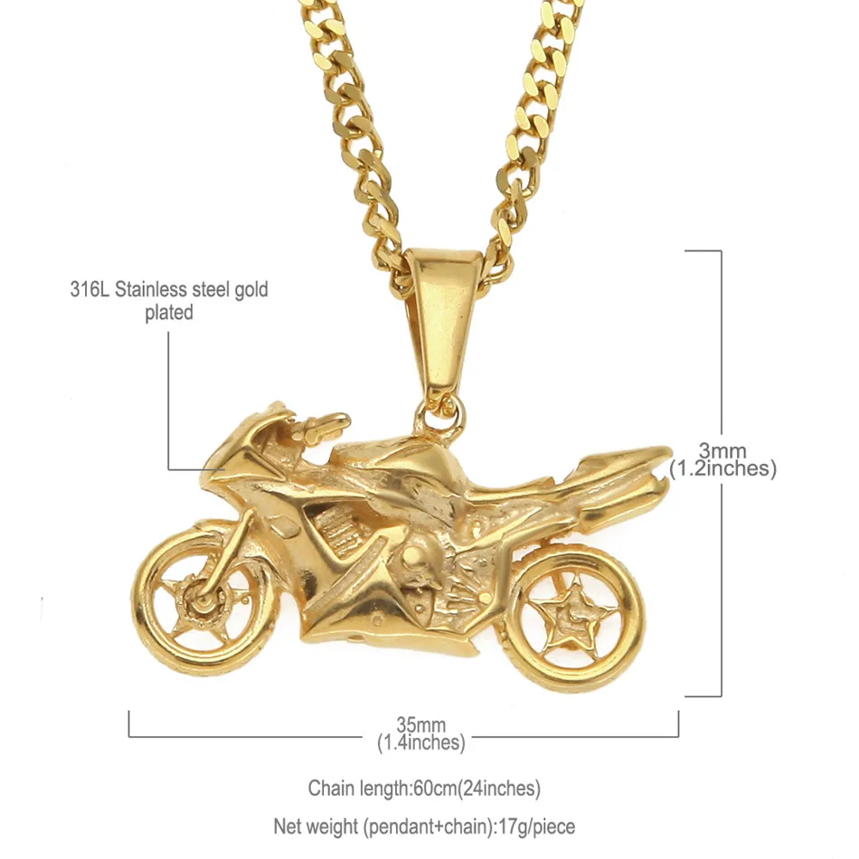 UWIN Stainless Steel Cool Motorcycle Pendant Fashion Punk Jewelry Gold Color Motorcycle Men's Hip hop Pendants Necklace Chain 2