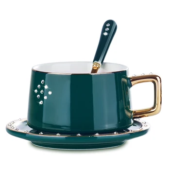 

Luxury ceramic coffee cup with diamond set European coffee cup dish set afternoon tea cup with dish spoon