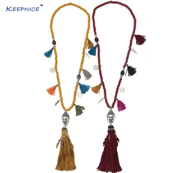 

Handmade vintage rosary wooden beads chains long necklace tassel Buddha pendent necklace Tibetan 3D Buddha Buddhism necklace