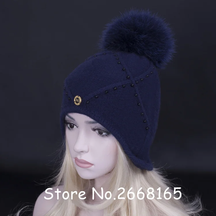 Новая модная однотонная шерстяная вязаная шапка с меховыми помпонами, женские зимние шапки высокого качества, зимне наушники шапка Skullies Beanies - Цвет: navy blue