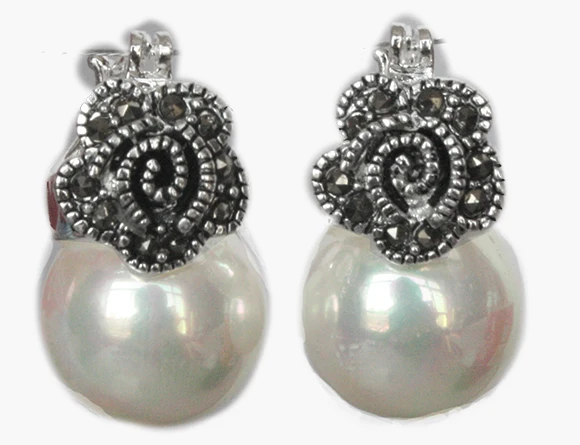 

Ldy's 12mm White Shell Perl Flower Mrcsite & 925 Silver fshion Errings