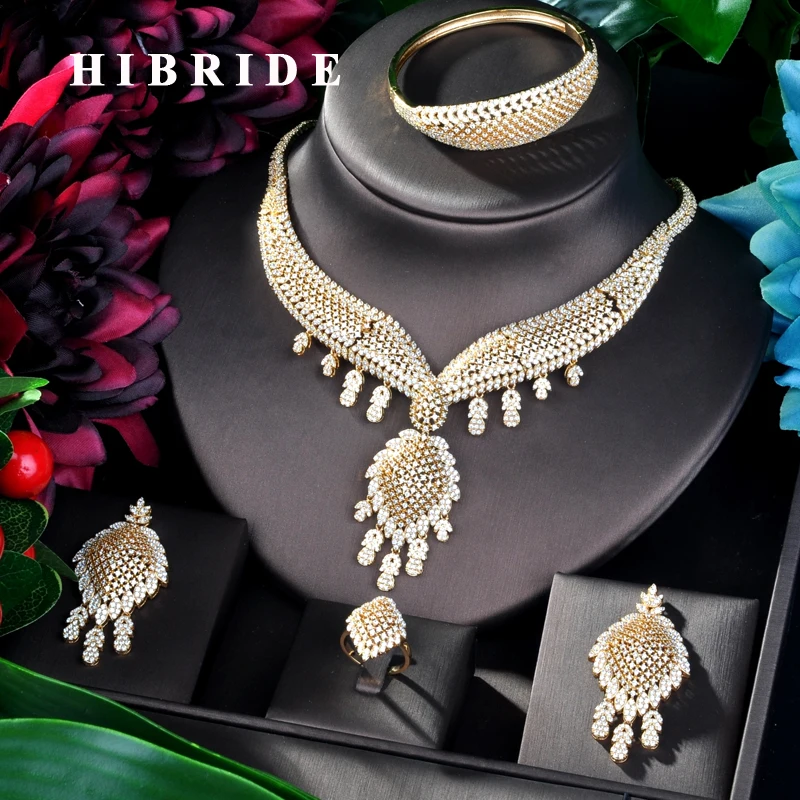 

HIBRIDE Fashion Design Gold Color Nigerian Wedding Cubic Zirconia Necklace Dubai 4PCS Dress Jewelry Set For Party Gifts N-826