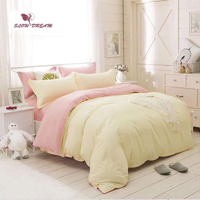 SlowDream Pale Yellow And Pink Bedding Set Plain Double Duvet Cover Set