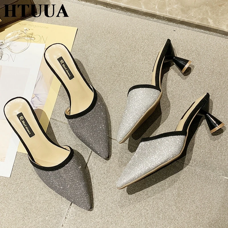 

HTUUA Designer Slippers Women Mules Shoes 2019 Spring Summer Slides Pointed Toe Ladies Shoes Woman High Heels Sandals SX2655