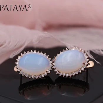 

PATAYA New Arrivals Onyx Natural Stone Big Dangle Earrings For Women White Cubic Zircon 585 Rose Gold Wedding Party Jewelry