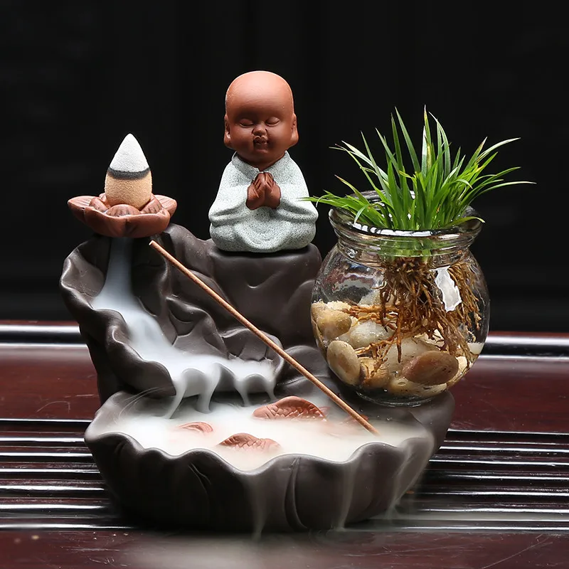 

New Little Buddha Lotus Pond Fish Waterfall Backflow Incense Burner Glass Vase Green Plant Home Decor Ornaments Tabletop Bonsai