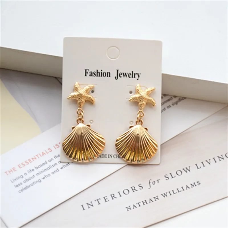 2019 New Trendy Gold Silver Color Metal Starfish Shell Drop Earrings Bohemian Statement For Women Beach Jewelry | Украшения и