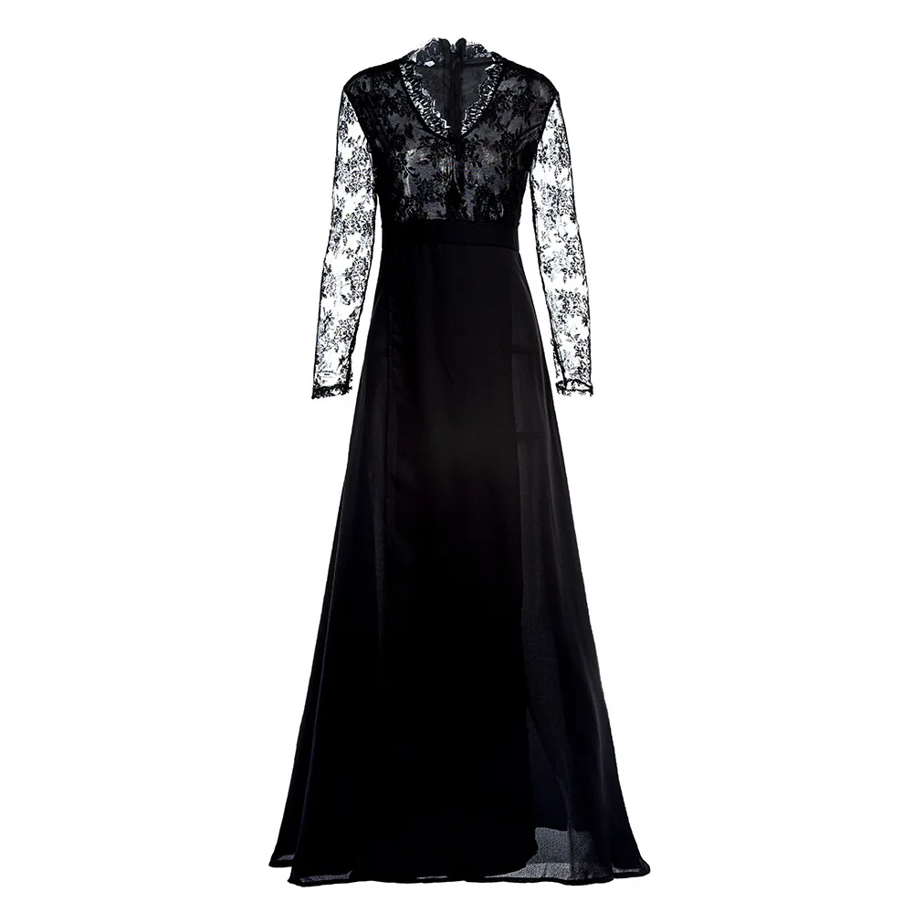

Rosetic Women Gothic Long Maxi Dress Valentine Party Spring V Neck Expansion Solid Black Elegant Lace Plus Size 3XL Spring Mesh