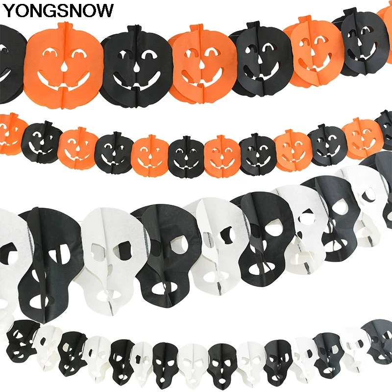

1Set Halloween Party Decoration Black Orange Pumpkin Spider Bat Ghost Skeleton Hanging Paper Garland Banner DIY Haunted House