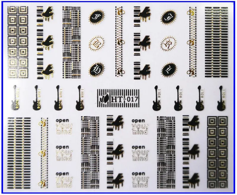 HT017 BLACK GOLD 1х самоклеющиеся черные, белые, золотые, серебряные металлические наклейки для дизайна ногтей, слайдер, кружевная шахматная доска, цепочка, гитара, пианино, HT16-18 - Цвет: HT017 BLACK GOLD