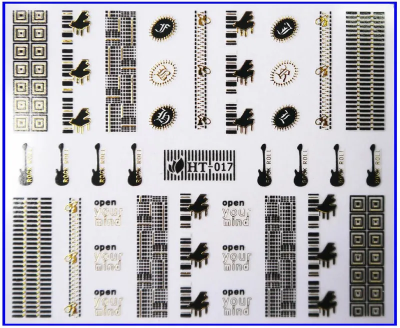 1х самоклеющиеся черные, белые, золотые, серебряные металлические наклейки для дизайна ногтей, слайдер, кружевная шахматная доска, цепочка, гитара, пианино, HT16-18 - Цвет: HT017 BLACK GOLD