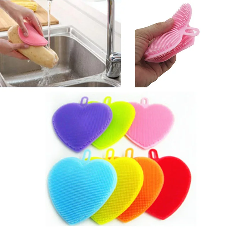 

Silicone Dishwashing Antibacterial Vegetable Sponge Brush Heart-shaped Food Grade Fruit Cleaning Pad Kitchen Multi-purpose E