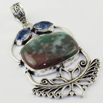 Bllodstone & Blue Topas Подвеска Серебряное покрытие над медью 71 мм P1951|pendant silver|silver pendantcopper