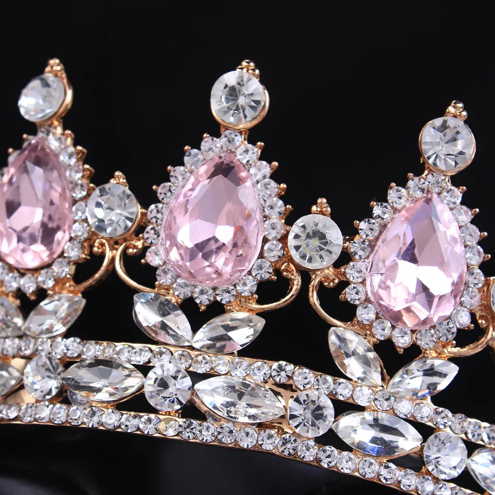 Hot sale New Fashion Elegant Pink Crystal Bridal crown classic Gold Tiaras for Women Wedding hair jewelry accessories 15
