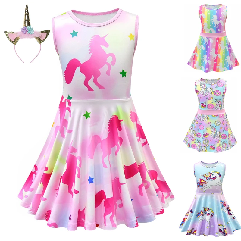 

2019 Summer Girl Floral Rainbow Dress Unicorn Party Princess Dresses Fancy Kid Children Baby Birthday Ruffle Sleeveless Sundress