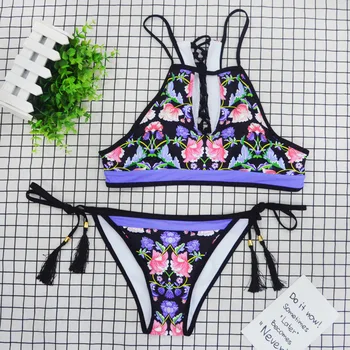 

New High Neck Vintage Push Up Bikini Set Retro Bikinis Women Swimwear Floral Print Bandage Strappy Swimsuit Beach Bathing Suits