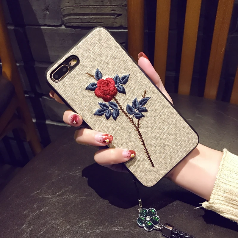 Fashion Embroidery Phone Case For iPhone 7 8 6 6S Plus Vintage Cloth Texture Rose Flower Soft Silicone Cover For iPhone X XS Fashion Embroidery Phone Case For iPhone 7 8 6 6S Plus Vintage Cloth Texture Rose Flower Soft Silicone Cover For iPhone X XS