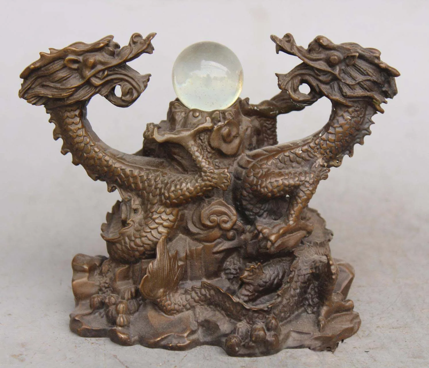 

5" China red copper fine carven two dragons are playing with a pearl Statue